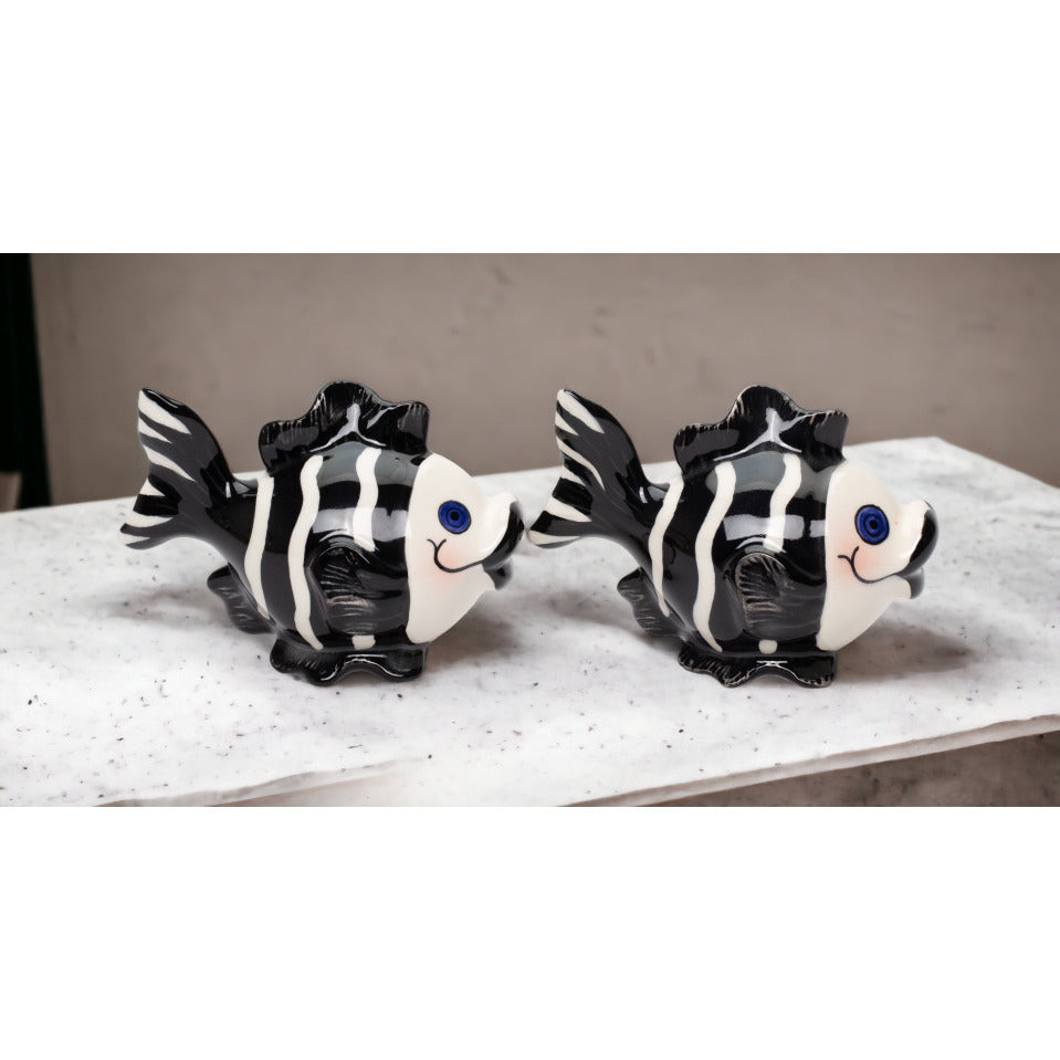 Ceramic Black White Fish Salt Pepper Shakers 4in Image 1