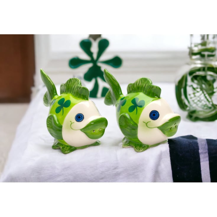 Ceramic Fish Salt and Pepper Shakers Green 4in St Patricks Day Image 1