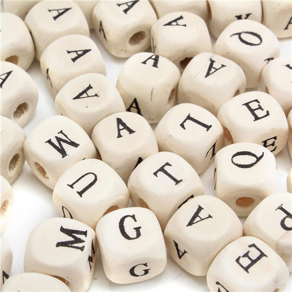 100Pcs Natural Mixed Wooden Alphabet Letter Cube Craft Charms Beads 10mm Image 2