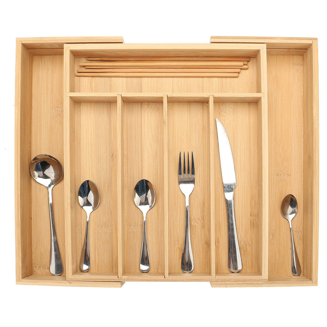 7 Cells Wooden Cutlery Drawer Draw Organiser Bamboo Expandable Tray Image 1
