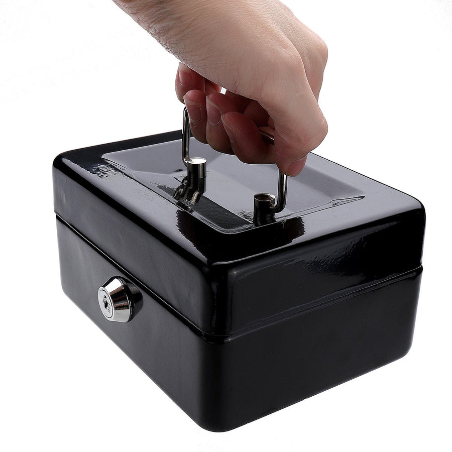 Mini Portable Money Safe Storage Case Black Sturdy Metal With Coin Tray Cash Carry Box Image 1