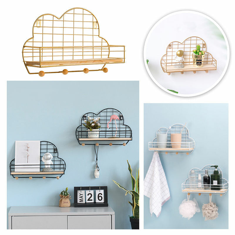 Wall Mounted Shelf Metal Wire Rack Storage Unit With Hooks Key Basket Hanger Image 6