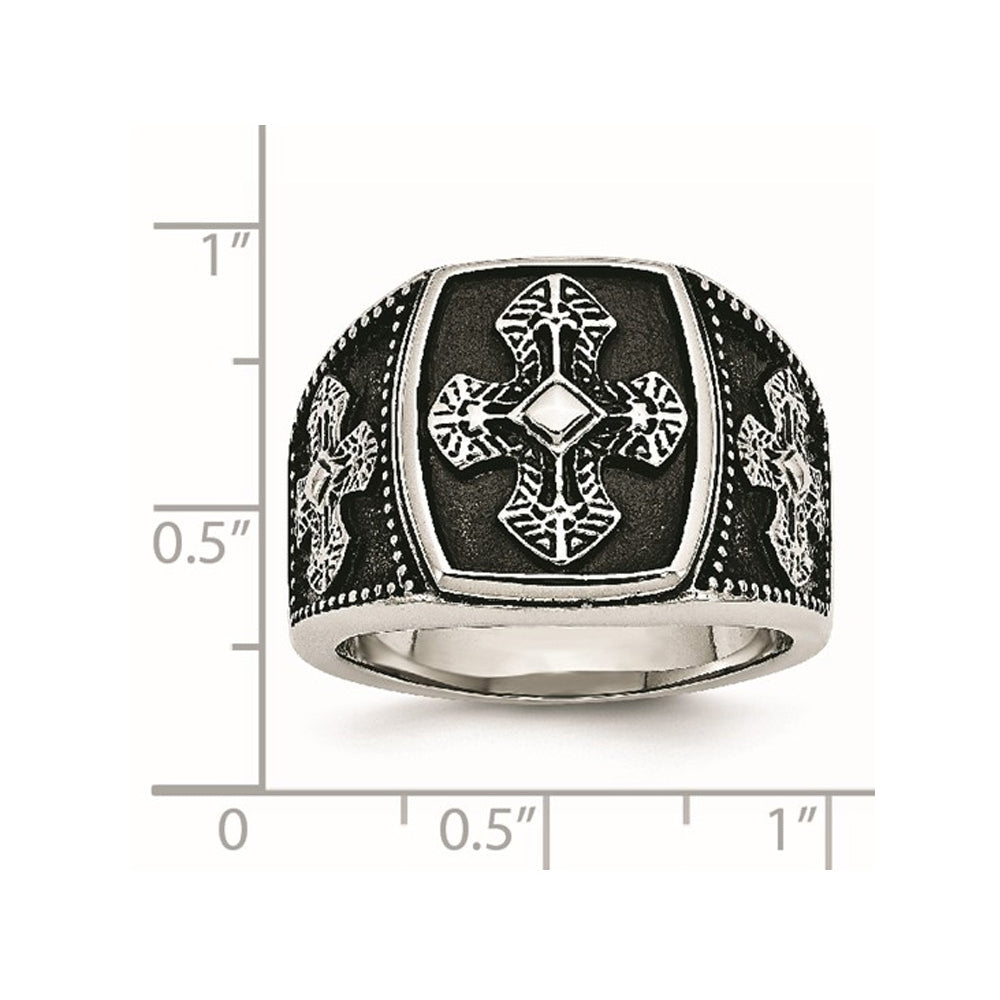 Mens Textured Antiqued Cross Ring in Stainless Steel Image 3