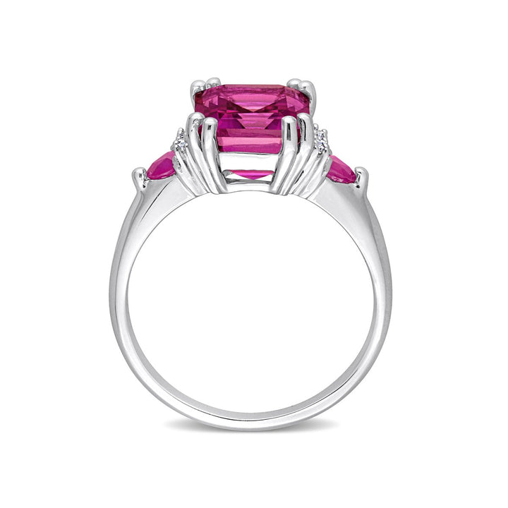 4.50 Carat (ctw) Pink Topaz and Ruby Three Stone Ring in Sterling Silver Image 4