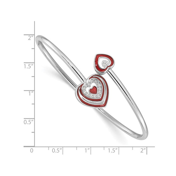 Sterling Silver Heart Flexible Cuff Bangle Bracelet with Red Enamel and Cubic Zirconia (CZ)s Image 3