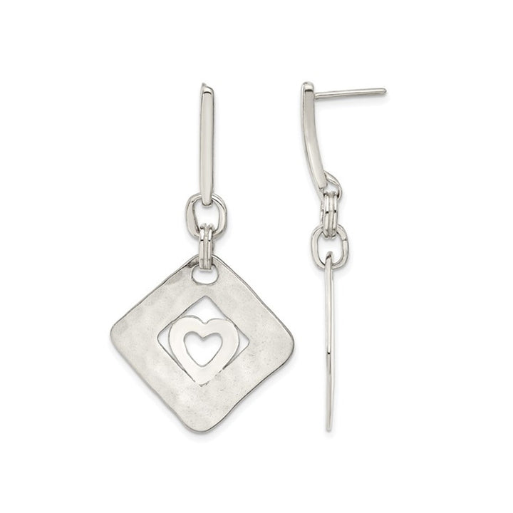 Sterling Silver Hammered Diamond Shape Heart Dangle Earrings Image 1