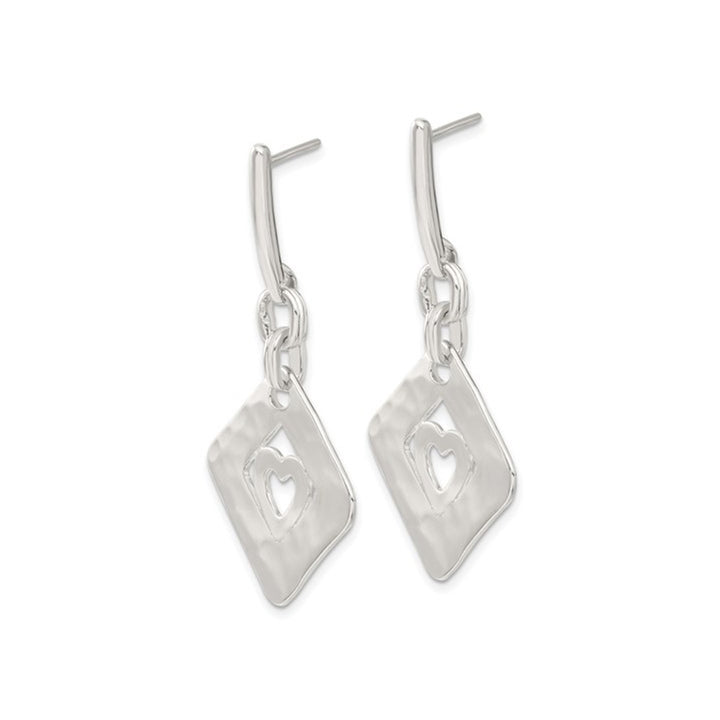 Sterling Silver Hammered Diamond Shape Heart Dangle Earrings Image 3