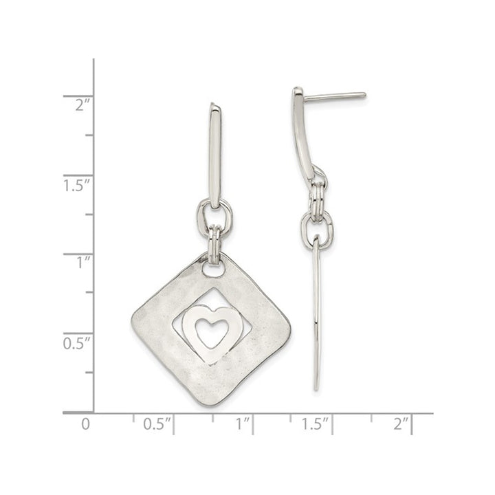 Sterling Silver Hammered Diamond Shape Heart Dangle Earrings Image 4