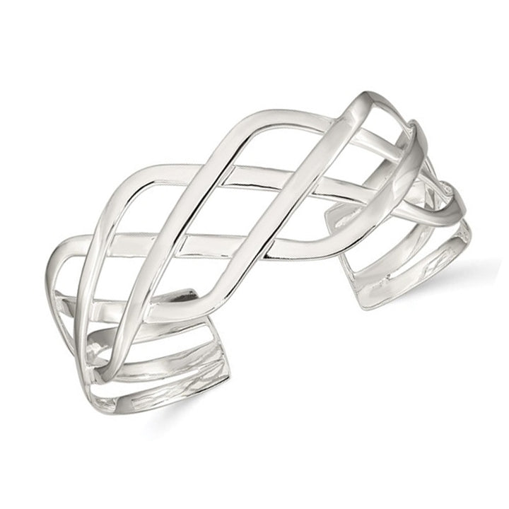 Sterling Silver Polished Woven Design Cuff Bangle Bracelet Image 1