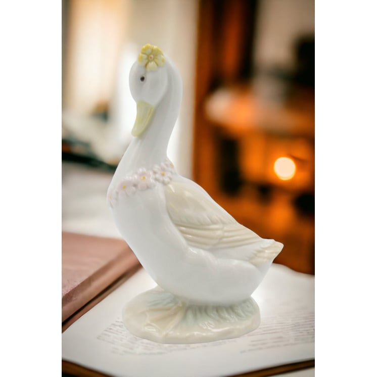 Ceramic Goose Figurine with Flowers 3.75in Farmhouse Vintage Gift Image 1