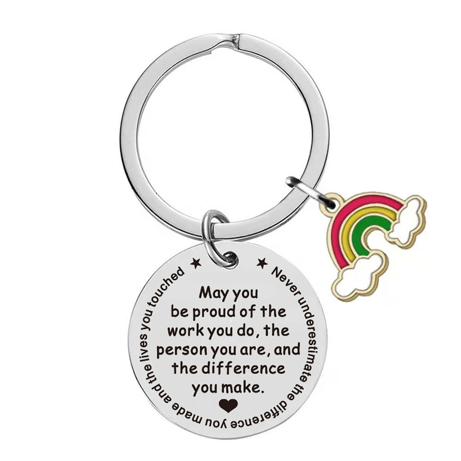 Keychain Rainbow Pendant Best Wishes Print Round Shape Stainless Lightweight Store Keys Inspiring Exquisite Smooth Key Image 1