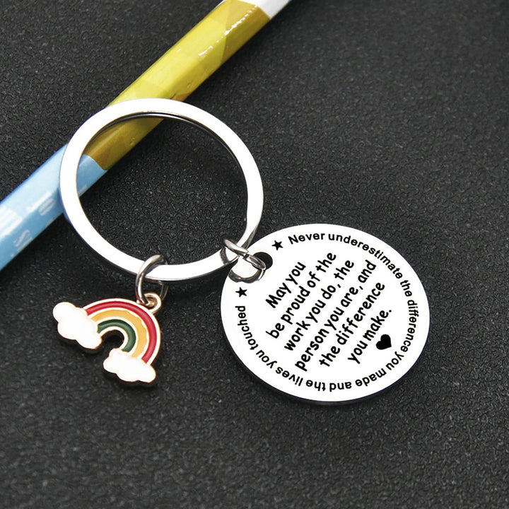 Keychain Rainbow Pendant Best Wishes Print Round Shape Stainless Lightweight Store Keys Inspiring Exquisite Smooth Key Image 3