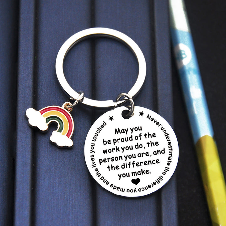 Keychain Rainbow Pendant Best Wishes Print Round Shape Stainless Lightweight Store Keys Inspiring Exquisite Smooth Key Image 4