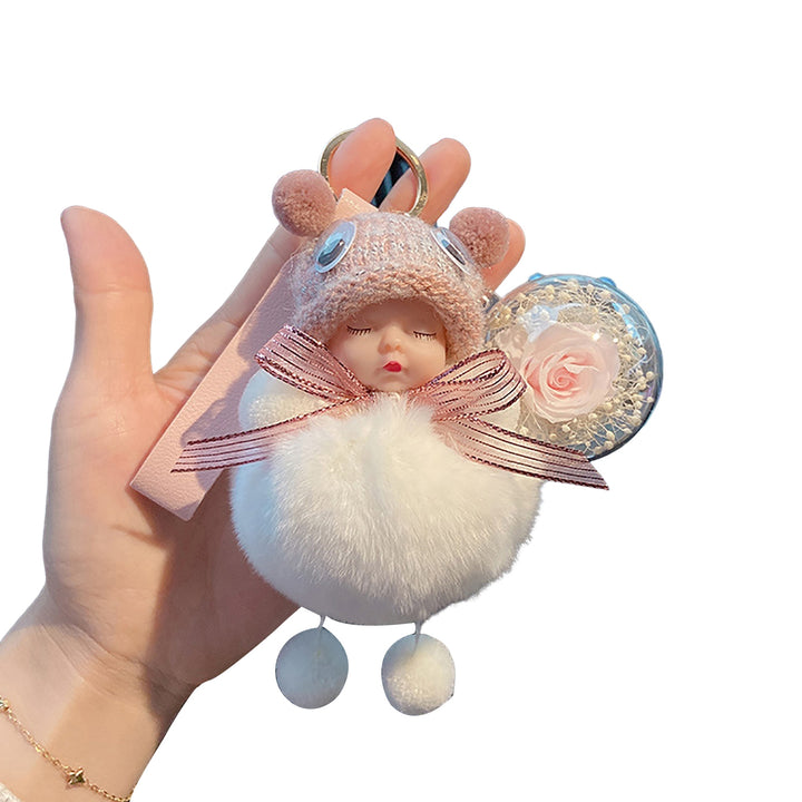 Key Ring Soft with Flower Faux Silk Bowknot Cartoon Pompom Sleeping Baby Car Key Pendant for Daily Use Image 3