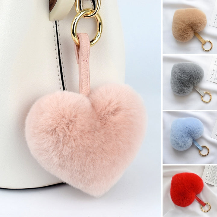 Plush Keychain Fuzzy Super Soft Metal Ring Gift Faux Rabbit faux Pure Color Heart Shaped Key Ring Pendant for Women Image 1