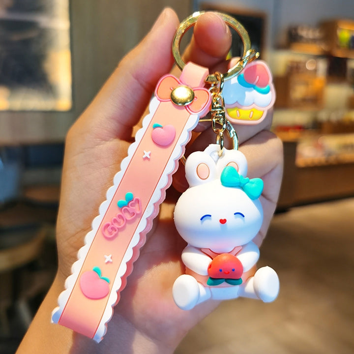 Rabbit Keychain Sitting/Standing 3D Doll with Strap Backpack Ornament Silicone Cute Animal Peach Bunny Car Key Ring Bag Image 11