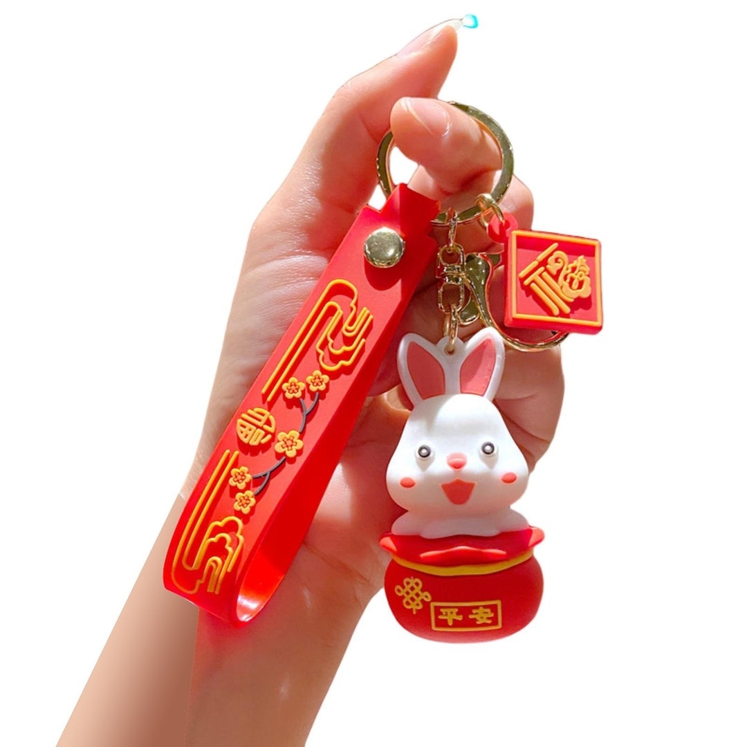 Rabbit Key Chain  Year Zodiac Mascot Best Wishes Red Decorate Flower Print School Bag Bunny Key Pendant Gift Image 4