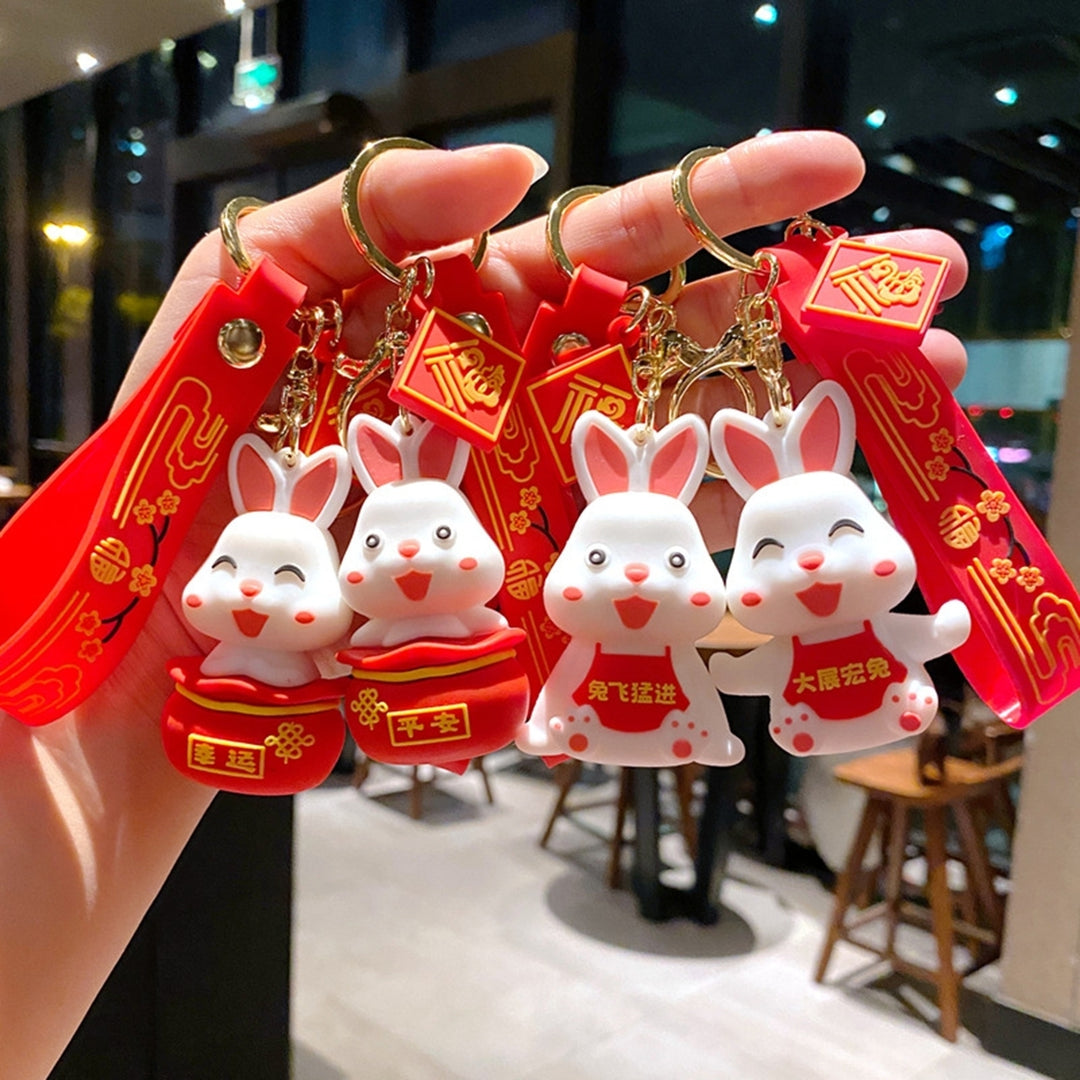 Rabbit Key Chain  Year Zodiac Mascot Best Wishes Red Decorate Flower Print School Bag Bunny Key Pendant Gift Image 4