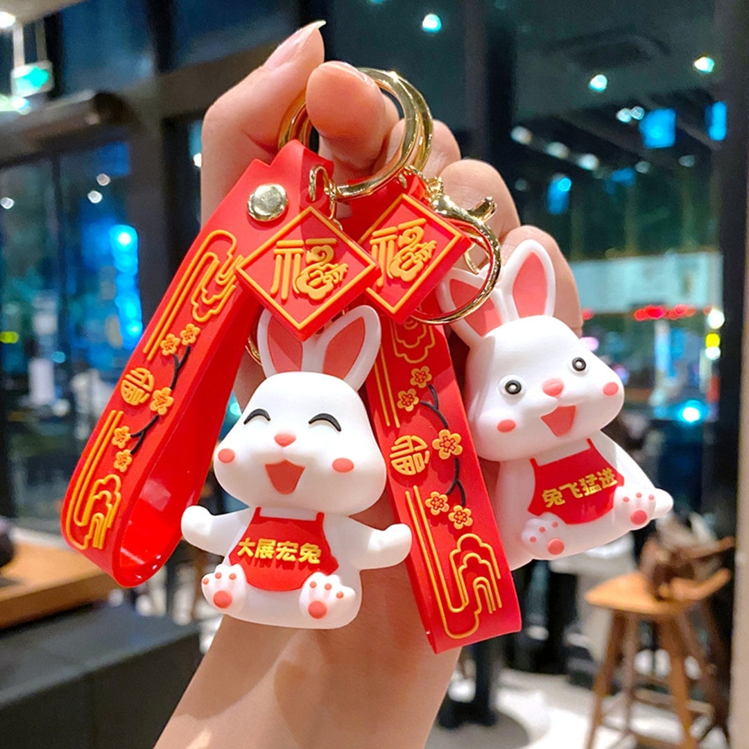 Rabbit Key Chain  Year Zodiac Mascot Best Wishes Red Decorate Flower Print School Bag Bunny Key Pendant Gift Image 7