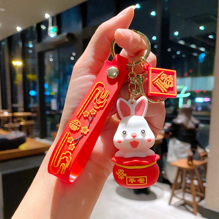 Rabbit Key Chain  Year Zodiac Mascot Best Wishes Red Decorate Flower Print School Bag Bunny Key Pendant Gift Image 11