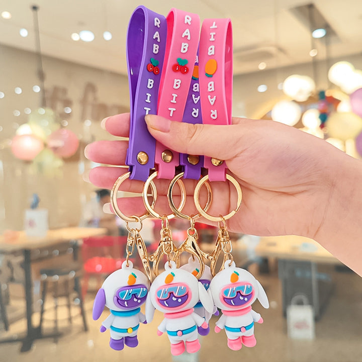 Rabbit Astronaut Keychain 3D Doll with Strap DIY Backpack Ornament Silicone Cute Animal Spaceman Bunny Car Key Ring Bag Image 4