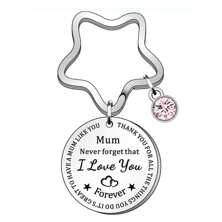 Metal Keychain Silver Color Mum I Love You Round Pendant Pink Rhinestone Five-pointed Star Shaped Metal Key Holder Image 1