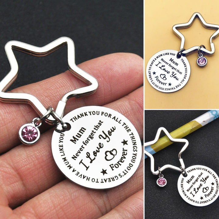 Metal Keychain Silver Color Mum I Love You Round Pendant Pink Rhinestone Five-pointed Star Shaped Metal Key Holder Image 4