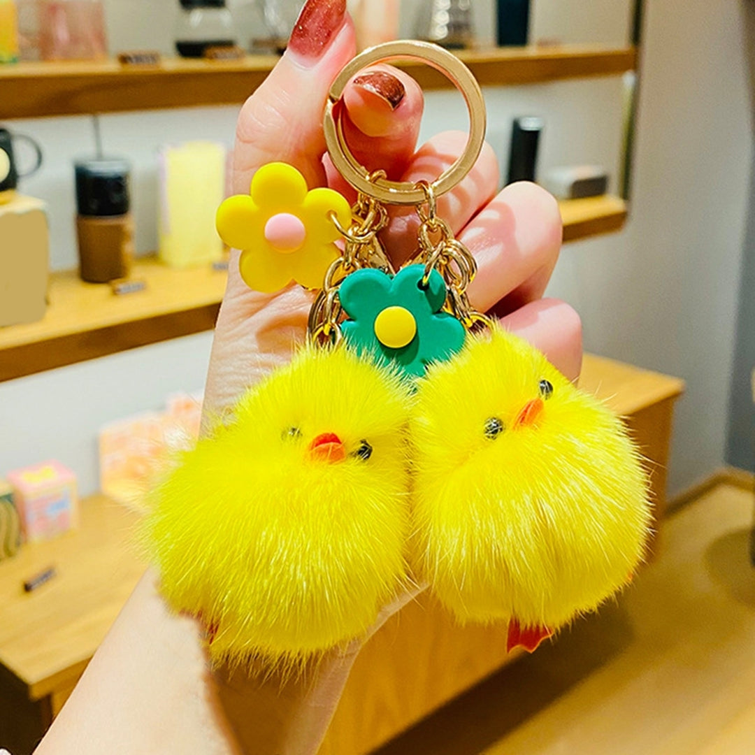 Plush Chick Keychain Fluffy Faux Mink Hairs Flower Charm Gift Cute Yellow Chicken Animal Car Key Ring Pendant Backpack Image 1