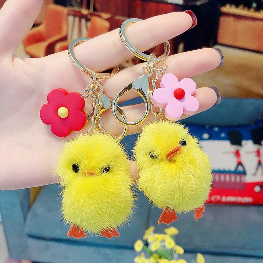 Plush Chick Keychain Fluffy Faux Mink Hairs Flower Charm Gift Cute Yellow Chicken Animal Car Key Ring Pendant Backpack Image 7