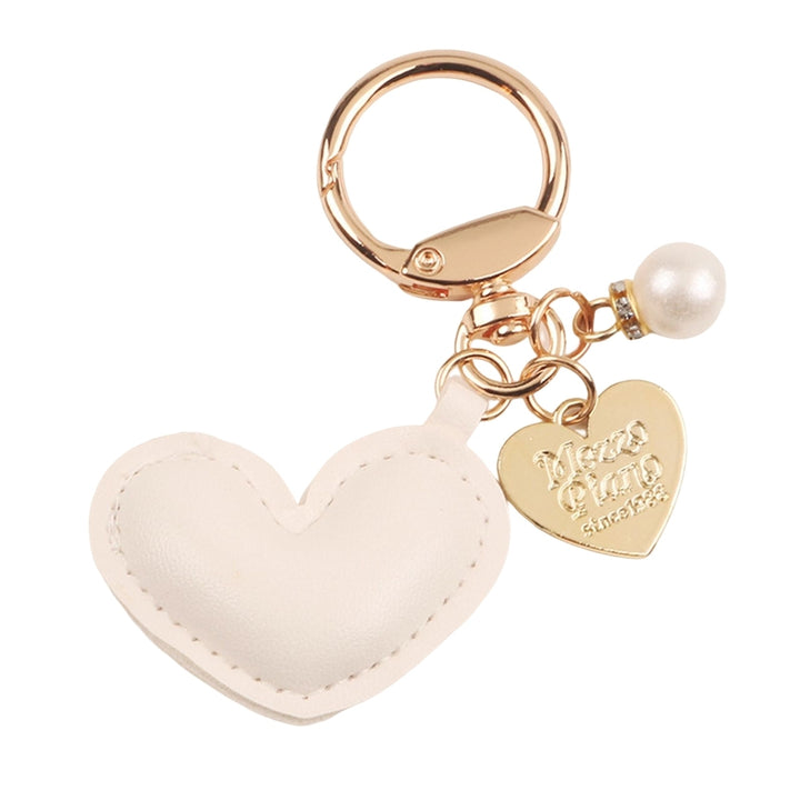 Imitation Pearl Decor Carved Letter Print Key Chain Faux Leather Heart Pendant Key Ring Backpack Ornament Image 3