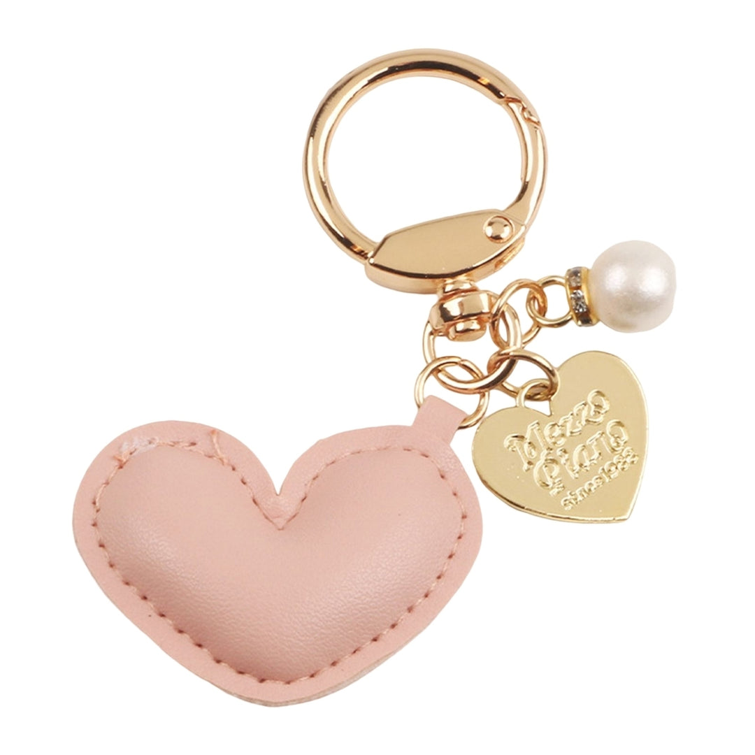 Imitation Pearl Decor Carved Letter Print Key Chain Faux Leather Heart Pendant Key Ring Backpack Ornament Image 7