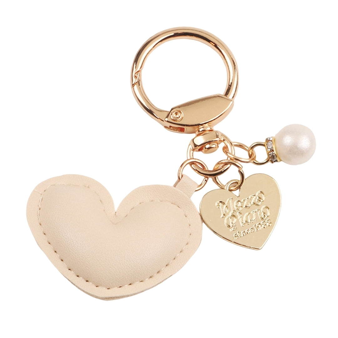 Imitation Pearl Decor Carved Letter Print Key Chain Faux Leather Heart Pendant Key Ring Backpack Ornament Image 8