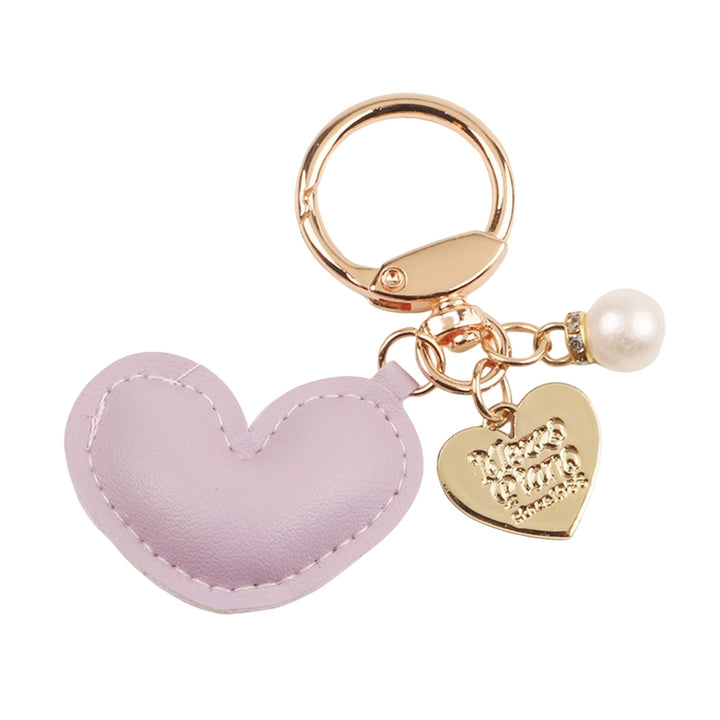Imitation Pearl Decor Carved Letter Print Key Chain Faux Leather Heart Pendant Key Ring Backpack Ornament Image 10