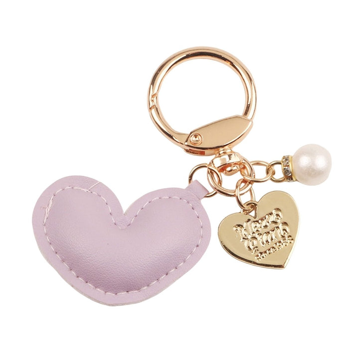 Imitation Pearl Decor Carved Letter Print Key Chain Faux Leather Heart Pendant Key Ring Backpack Ornament Image 1