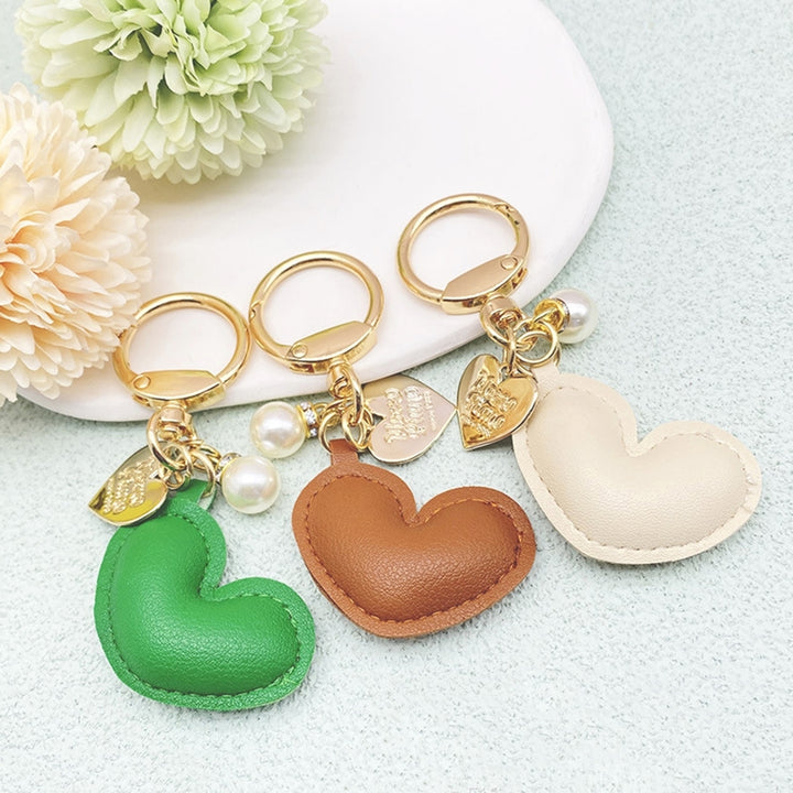 Imitation Pearl Decor Carved Letter Print Key Chain Faux Leather Heart Pendant Key Ring Backpack Ornament Image 12
