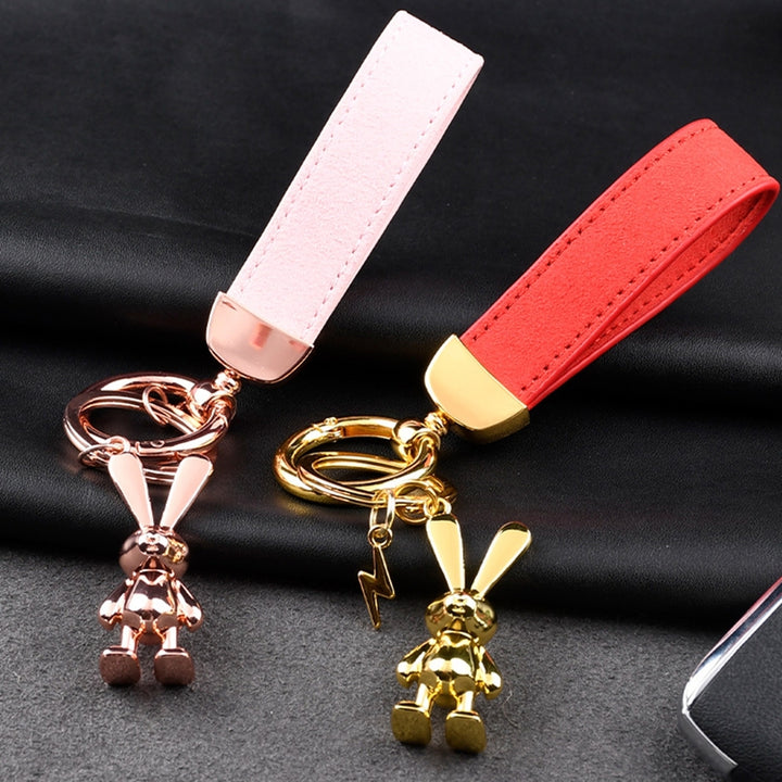 Rabbit Keychain with Faux Leather Lanyard 3D Zinc Alloy Gift Mirror Shine Bunny Animal Key Ring Pendant Backpack Image 11