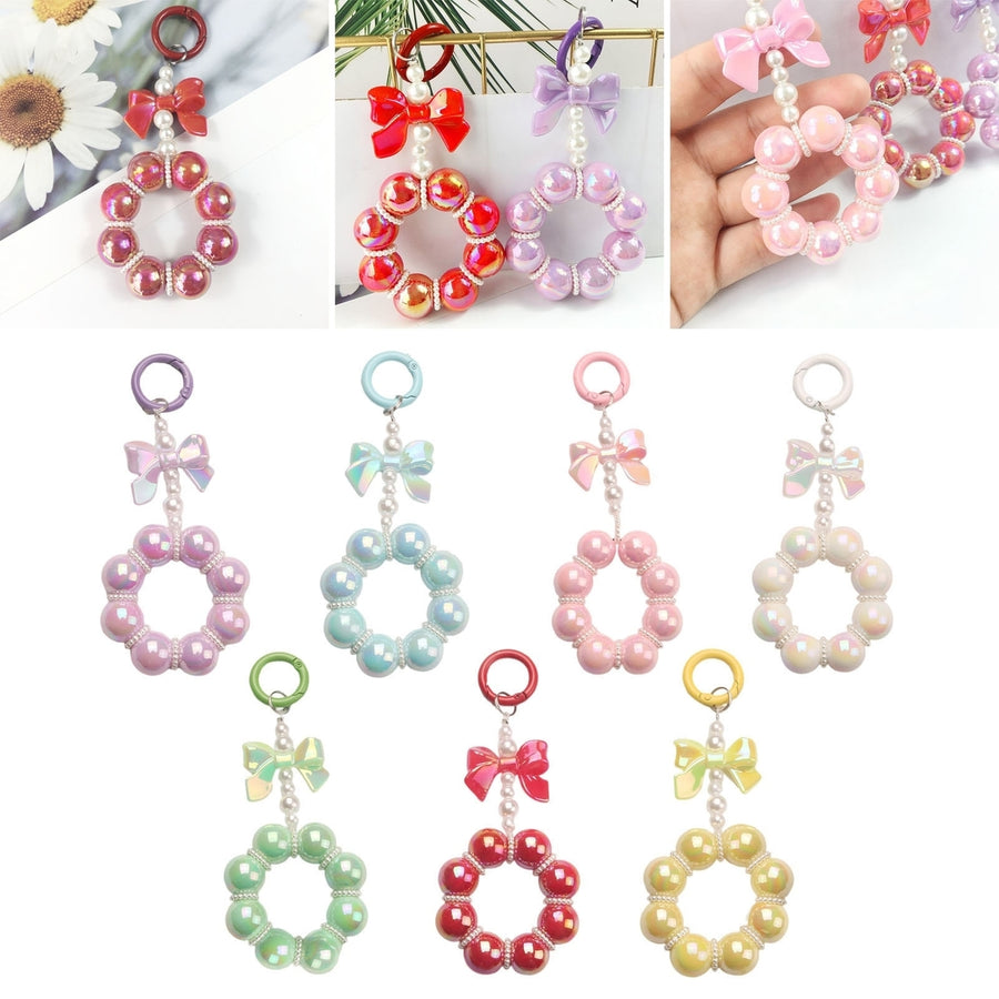 Keychain Sweet Color Bow-knot Decor Tassel Faux Pearl Luster Electroplated Bag Decoration Jewelry Round Shape Key Image 1