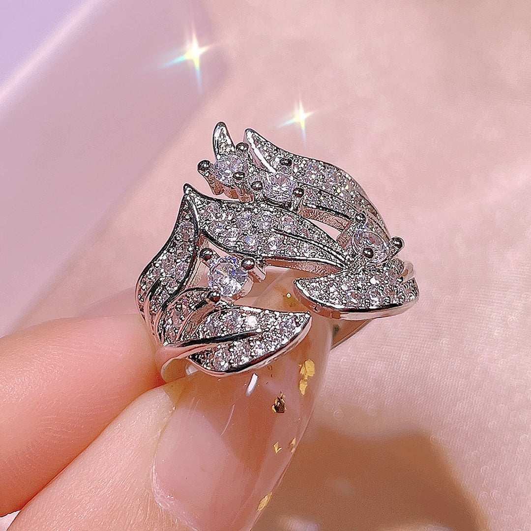 Women Ring Leaves Rhinestones Jewelry Elegant Bright Luster Ring for Party Image 1