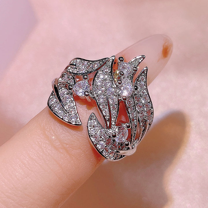 Women Ring Leaves Rhinestones Jewelry Elegant Bright Luster Ring for Party Image 2