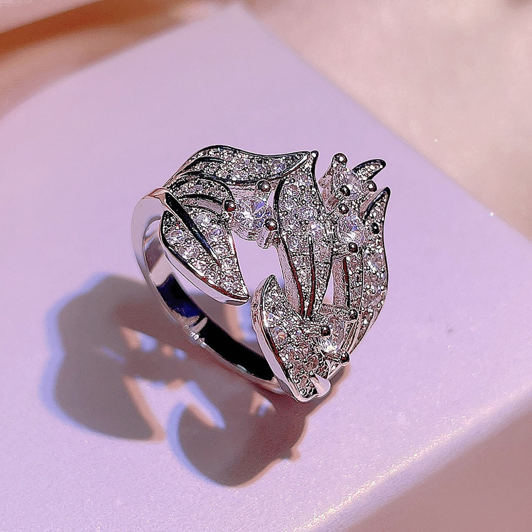 Women Ring Leaves Rhinestones Jewelry Elegant Bright Luster Ring for Party Image 4