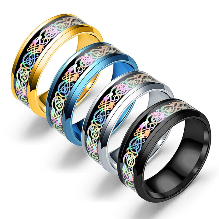 Unisex Ring Wide Smooth Surface Stainless Steel Colorful Dazzling Pattern Finger Ring Fashion Jewelry Image 4