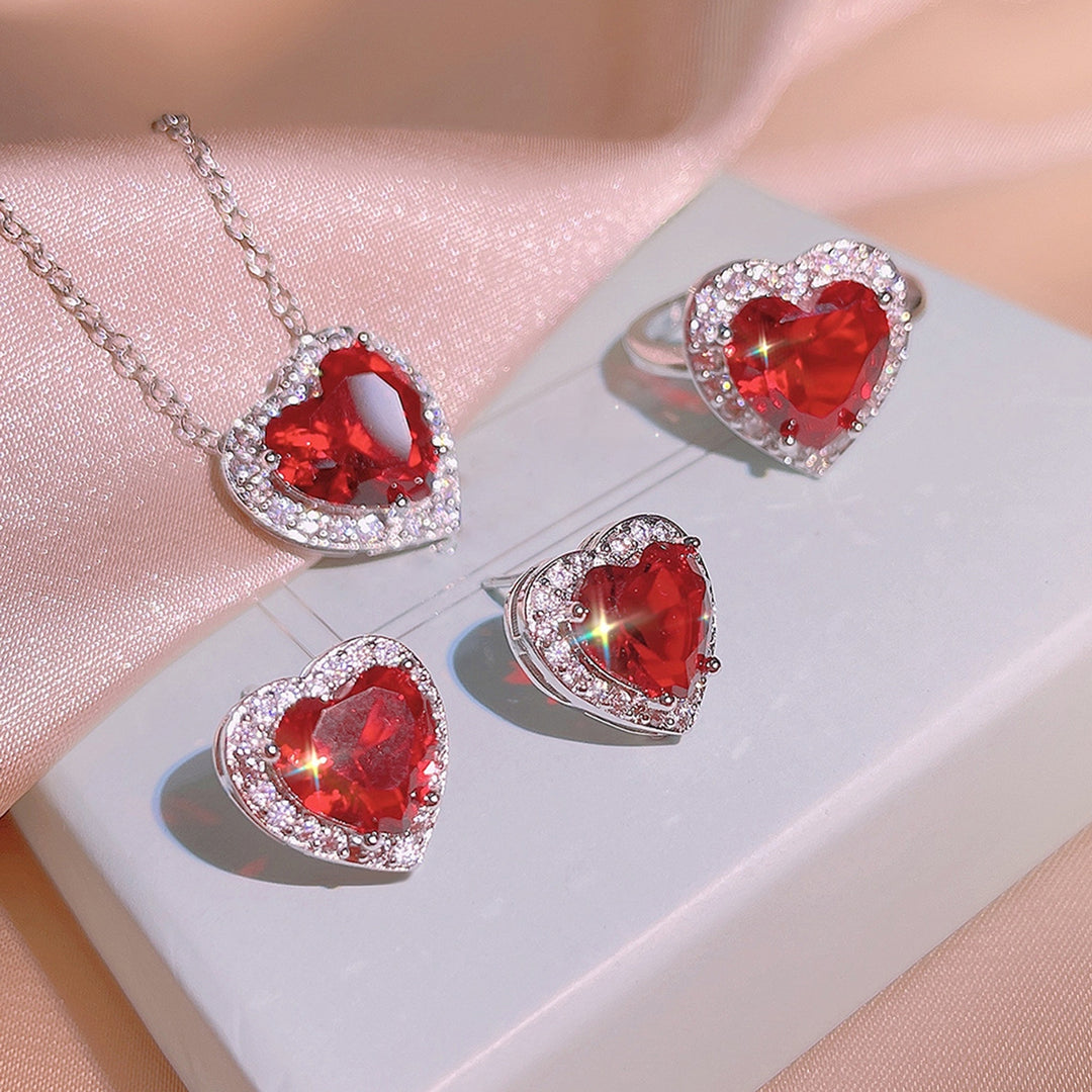 1Pc/1 Pair Women Ring Inlaid Decorative Multi Style Heart Shape Pendant Necklace Ear Stud for Party Image 4