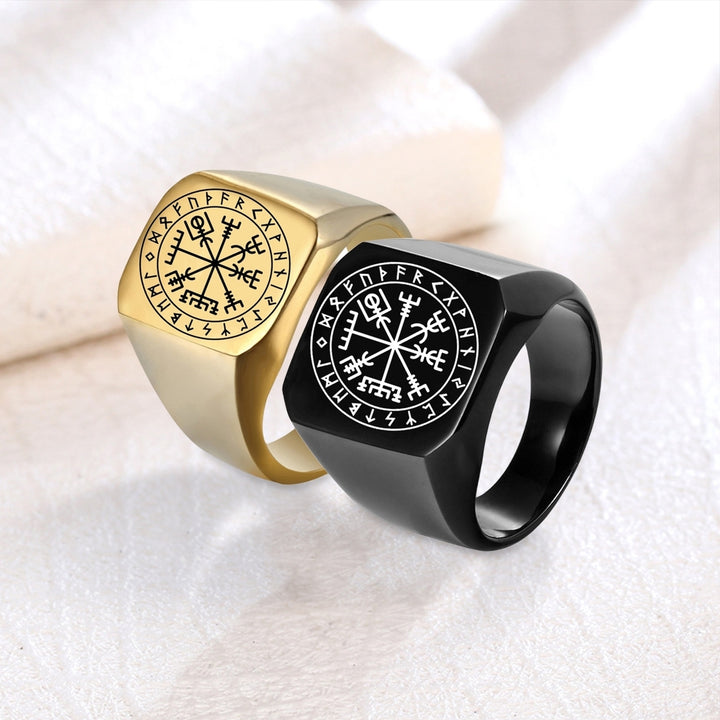 Men Ring Rune Carving Titanium Steel Punk Square Finger Ring Birthday Gift Image 1