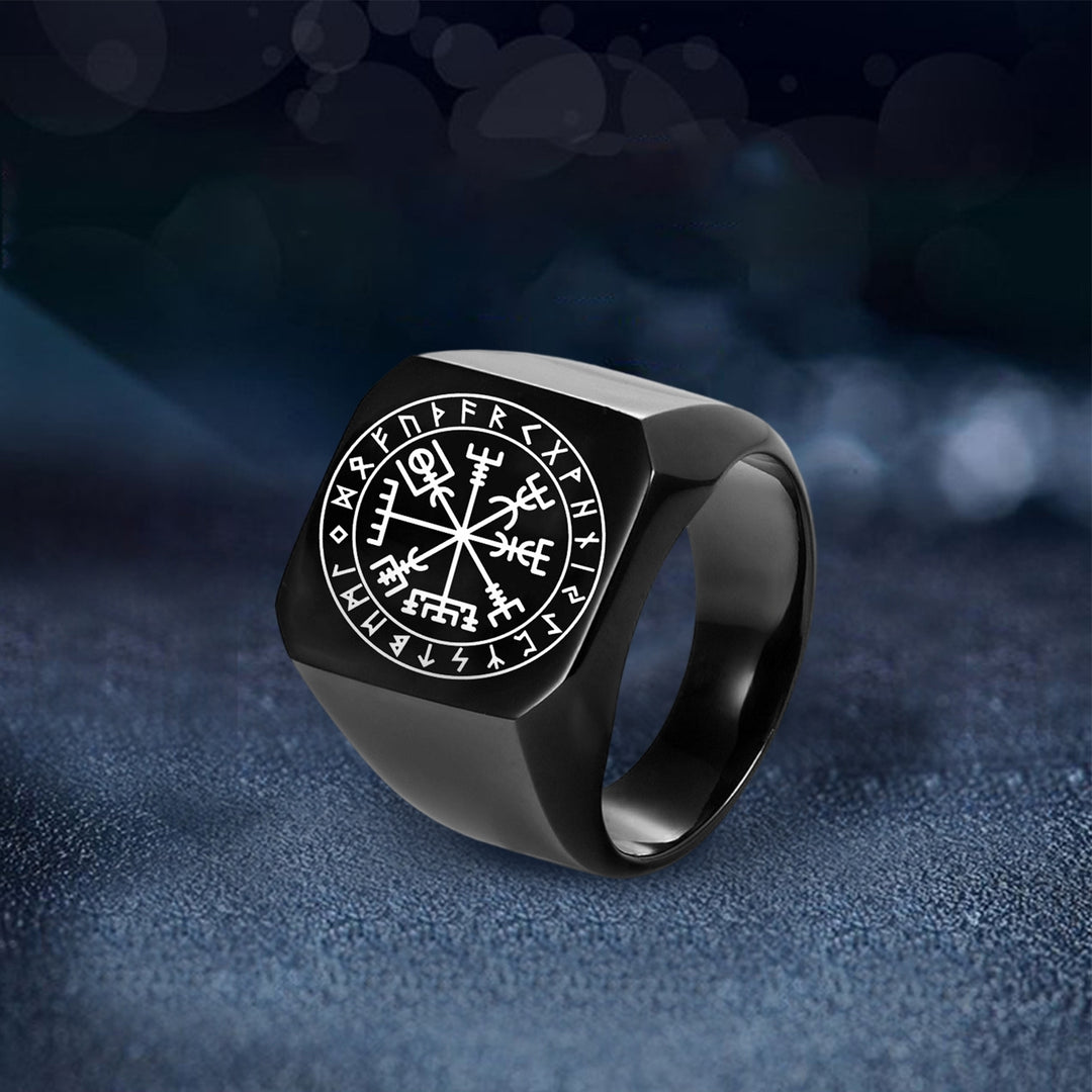 Men Ring Rune Carving Titanium Steel Punk Square Finger Ring Birthday Gift Image 4