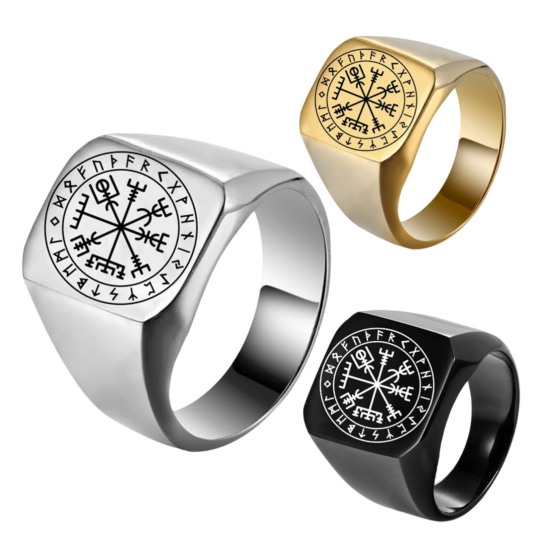 Men Ring Rune Carving Titanium Steel Punk Square Finger Ring Birthday Gift Image 9