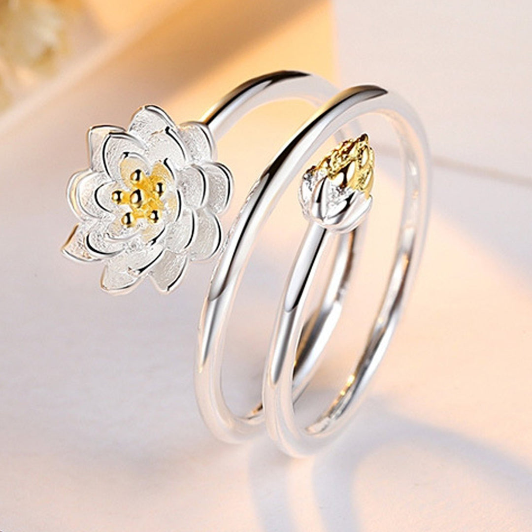 Women Ring Exquisite Smooth Double-layer Lotus Shape Opening Adjustable Lady Circlet Gift Image 7