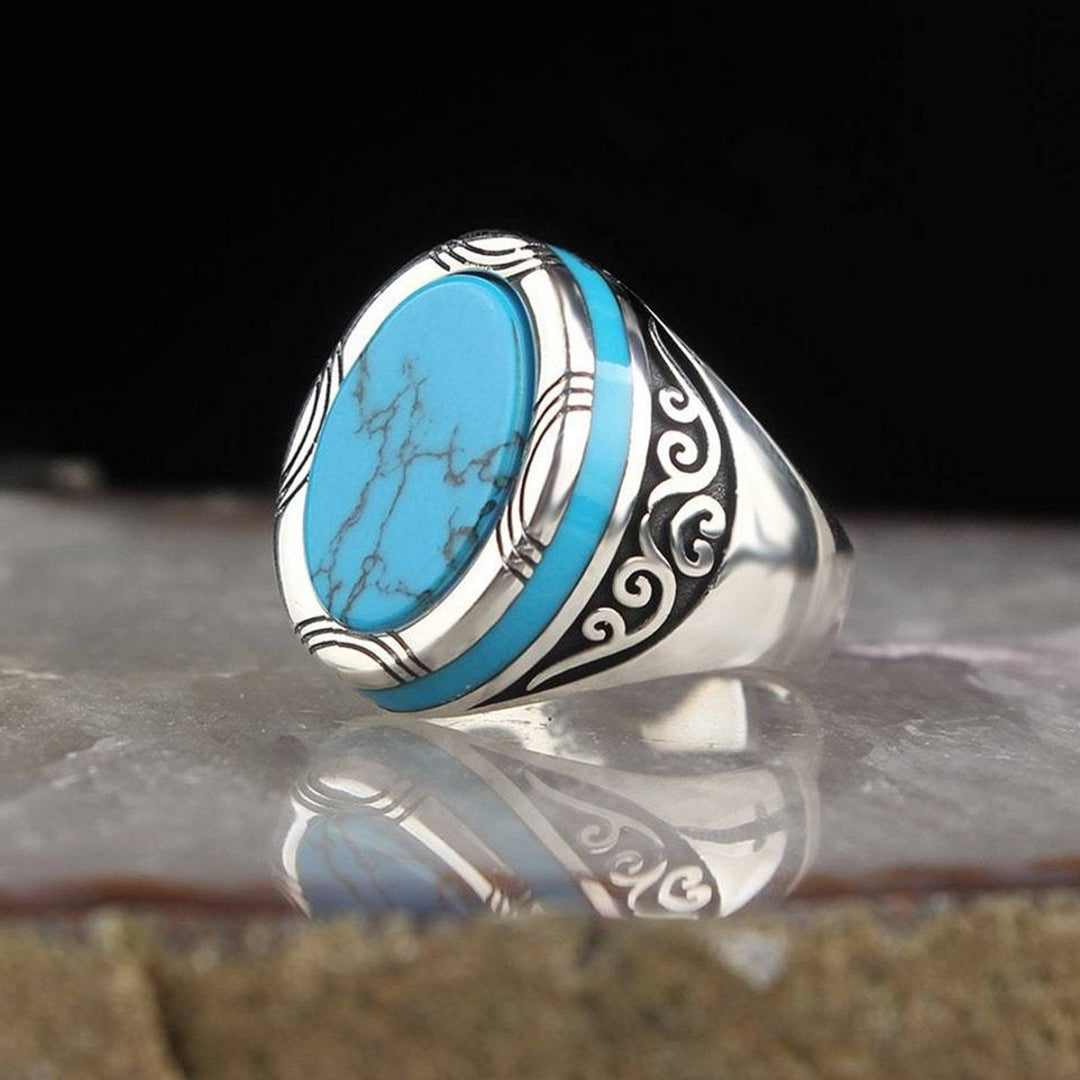 Electroplating Polishing Wide Men Ring Punk Retro Carved Pattern Faux Turquoise Ring Jewelry Accessories Image 1