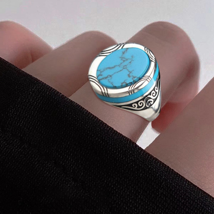 Electroplating Polishing Wide Men Ring Punk Retro Carved Pattern Faux Turquoise Ring Jewelry Accessories Image 4