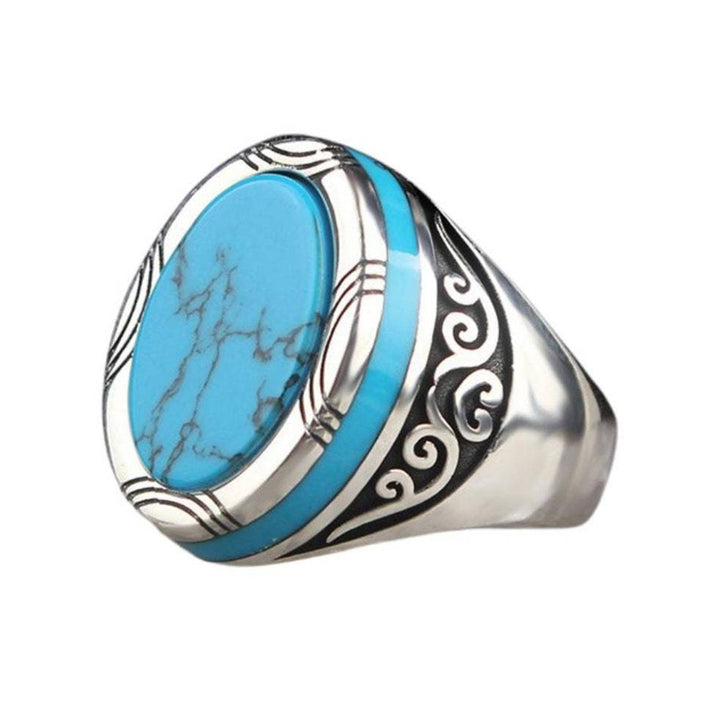 Electroplating Polishing Wide Men Ring Punk Retro Carved Pattern Faux Turquoise Ring Jewelry Accessories Image 4