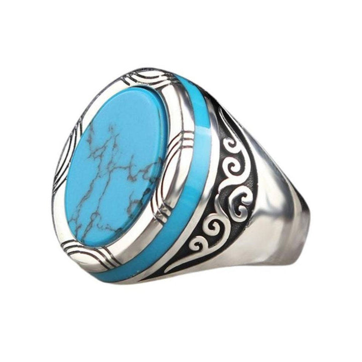 Electroplating Polishing Wide Men Ring Punk Retro Carved Pattern Faux Turquoise Ring Jewelry Accessories Image 1